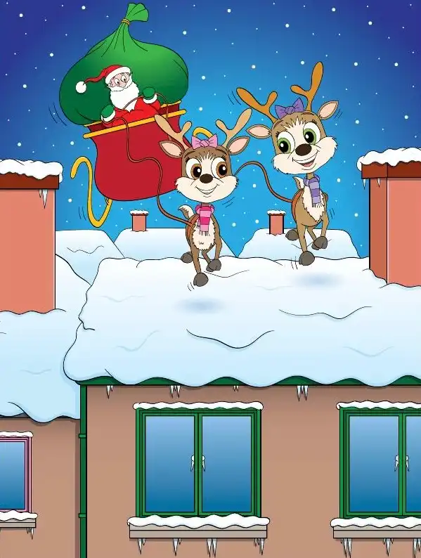 Santa with reindeers at the rooftops